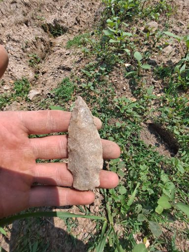 Hand holding a gray stone arrowhead on grassy ground.