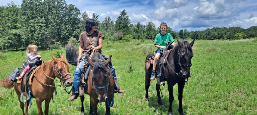 Three people riding horses in a grassy field under a partly cloudy sky.